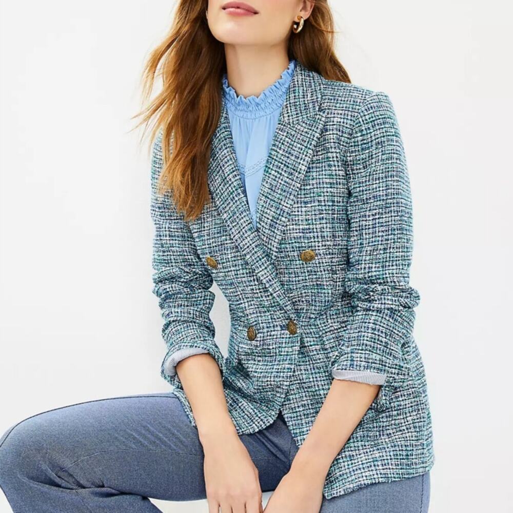 LOFT Blue Tweed Double-Breasted Blazer